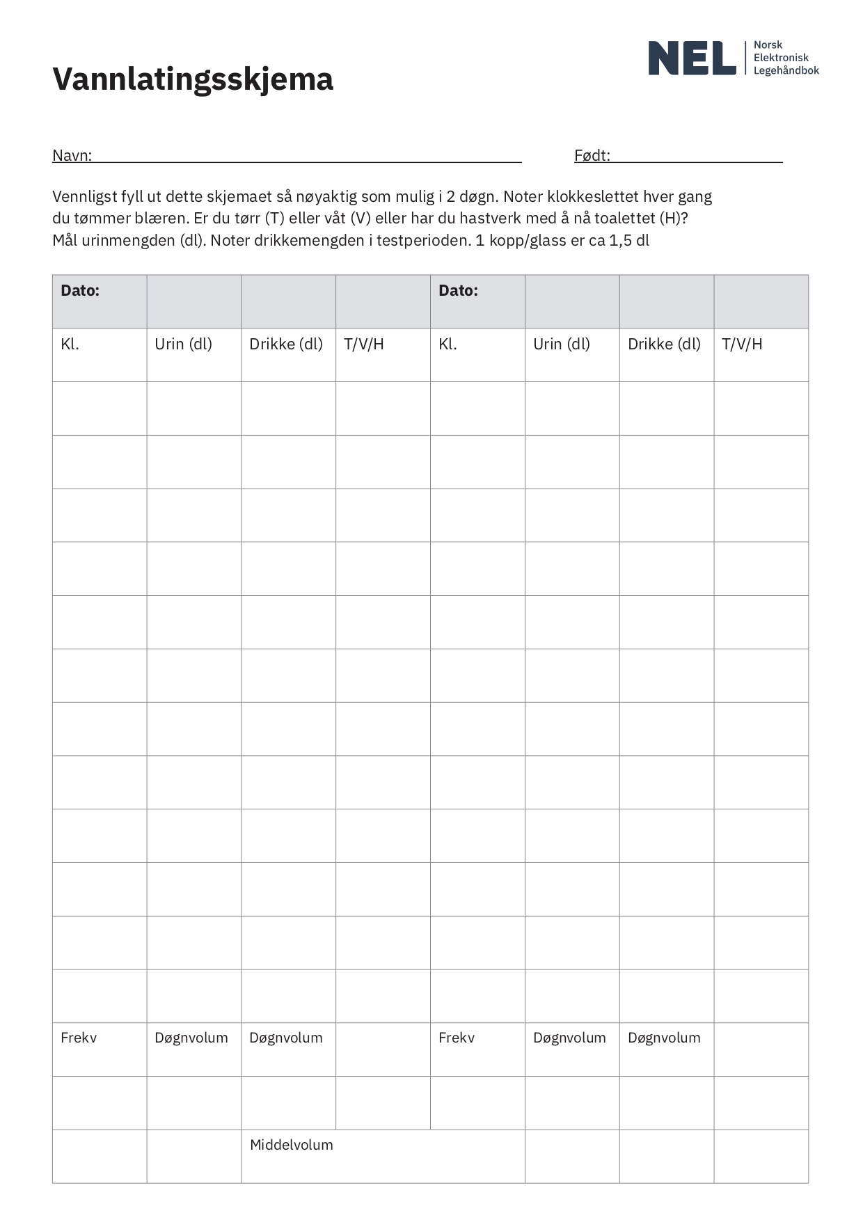 Vannlatingsskjema - NEL - Nevrologiske prosedyrer